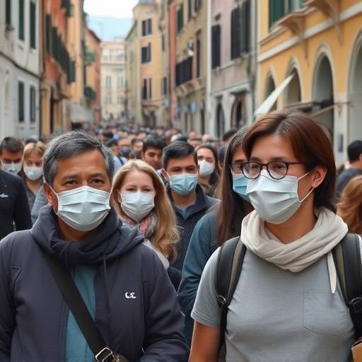 Immagine di persone che indossano mascherine in una citt&agrave; della Campania.