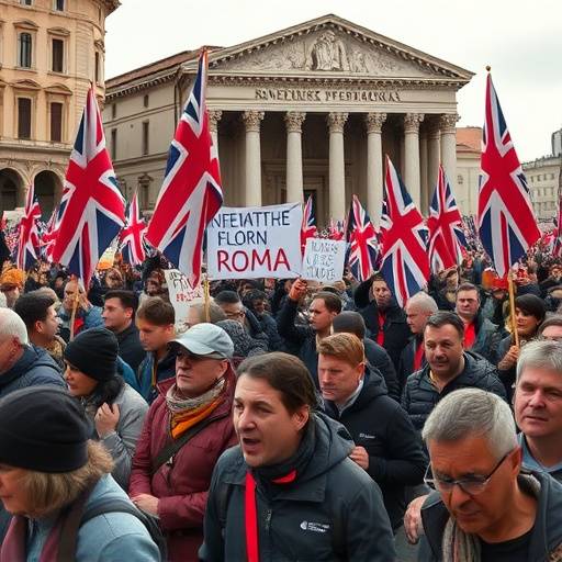 Immagine di una manifestazione a Roma contro l'inflazione, con persone che portano striscioni e bandiere sindacali