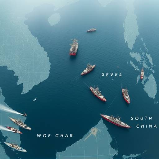 Mappa del Mar Cinese Meridionale con navi militari e piattaforme petrolifere