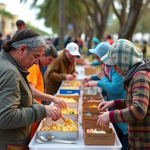 Un gruppo di volontari che distribuisce pasti caldi ai senzatetto a Napoli