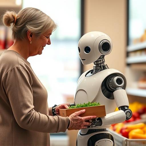 Un robot umanoide che aiuta un'anziana signora a fare la spesa